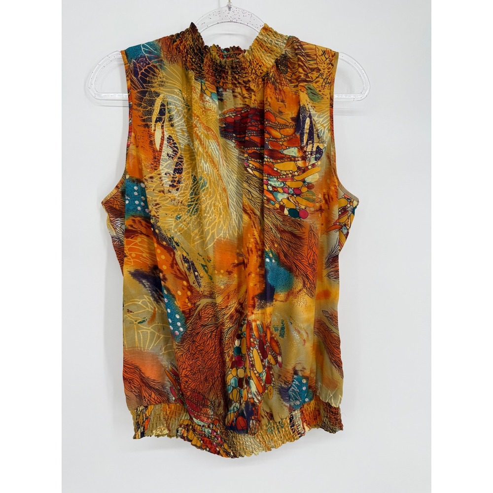 Piano Womens Sz XL Abstract Smocked High Neck Sleeveless Blouson Top Orange